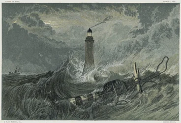 Eddystone vuurtoren, gebouwd op de Eddystone rots door de Engelse civiel ingenieur John Smeaton van 1757-1759. Chromolithografie naar een schilderij van JMW Turner