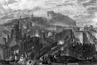 Edinburgh vanaf de Calton Hill, gegraveerd door George Cooke, 1820