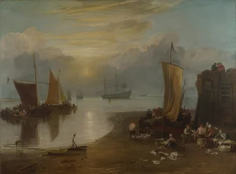 Zonsopgang in de mist. Vissers die vis schoonmaken en verkopen. Voor 1807