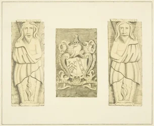 2 figuren en wapenschild van de toegangspoort van Black Castle, Brislington
