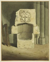 Oude doopvont uit de zuidmuur van de crypte van St John