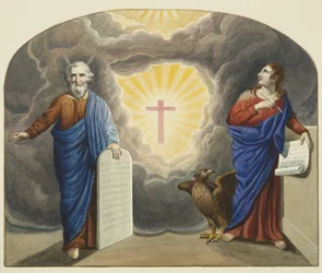 Gebrandschilderd raam boven het altaar van Christ Church, met Mozes en St. Johannes de Evangelist