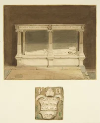 Graf van bisschop Paul Bush en wapenschild in de kathedraal van Bristol