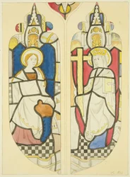 Twee figuren in het oostelijke raam van het noordelijke transept van St Mary Redcliffe