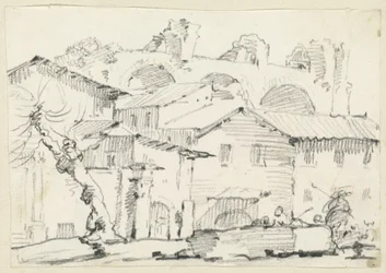 Huizen aan de noordkant van het Forum met de basiliek van Maxentius daarachter