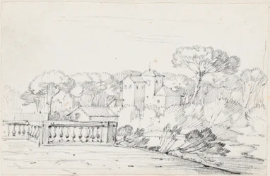 Terras bij een Rivier met een Villa en Bomen Verderop
