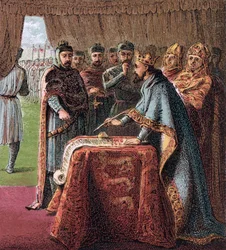 Koning Jan van Engeland ondertekent de Magna Carta Uit: Afbeeldingen van de Engelse Geschiedenis, 1868