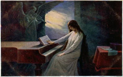 Muziek. De laatste akkoorden. Stervende dame aan de piano. Illustratie door Josef Mathauser, Tsjechië, ca. 1910 (ansichtkaart)