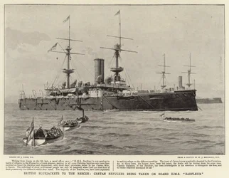 Britse Bluejackets te hulp, Kretenzische vluchtelingen worden aan boord van HMS Barfleur genomen