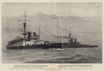 Het Verlies van HMS Victoria, de Tweeschroef Eerste-Klasse Slagschepen HMS Camperdown en HMS Victoria