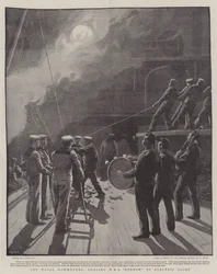 De Marine Manoeuvres, het bijvullen van HMS Benbow met Elektrisch Licht