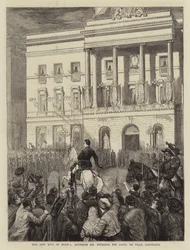 De nieuwe koning van Spanje, Alphonso XII betreedt het Hotel de Ville, Barcelona