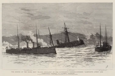 Het zinken van het rebellen schip Blanco Encalada door de regeringstorpedobootjagers Almirante Lynch en Almirante Condell, in de haven van Caldera