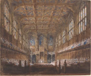 De staatsopening van het parlement in het herbouwde House of Lords