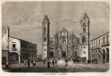De kathedraal van Havana, Cuba, tekening door Navlet ter illustratie van de reis naar het eiland Cuba in 1859, door Richard Dana (1815-1882). Gravure in 