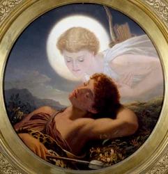 "De droom van Latmos" roept de mythe op van Endymion, een jager van grote schoonheid die eeuwig sliep, die Zeus had laten inslapen voor Selene, die verliefd op hem werd en zijn jeugd wilde behouden. Schilderij van Joseph Noel Paton (1821-1901) (prerafaëlie