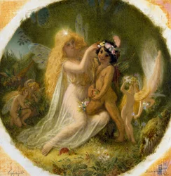 "Titania, prinses van de feeëngoden, en de jonge Indiaan die ze tot haar page heeft gemaakt" Illustratie voor "Een midzomernachtsdroom" van William Shakespeare. Schilderij door Joseph Noel Paton (1821-1901) Privécollectie