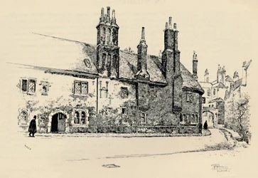 Oude Charterhouse: Buitenaanzicht van Washhouse Court, met de binnenpoort, 1886