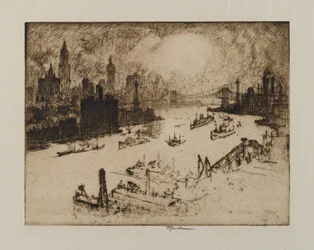 Zonsondergang vanaf Williamsburg Bridge, 1915
