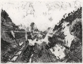 De Sleuf richting Ancon Hill, plaat XVII uit Het Panamakanaal door Joseph Pennell