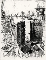 De Sluispoort bij Gatun, plaat V uit Het Panamakanaal door Joseph Pennell, 1912