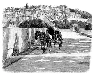 Dorp in het zuiden van Frankrijk met paard en wagen. Gravure door Joseph Pennell 1888 (detail)