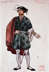 Kostuum voor het personage Faust in Damnation of Faust door Hector Berlioz, schets door Joseph Porphyre Pinchon