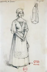 Kostuum voor het personage van Margaret in Damnation of Faust door Hector Berlioz, schets door Joseph Porphyre Pinchon