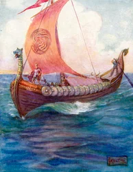 De krijgers trokken verder over de blauwe zee (kleurenlitho)
