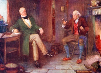 Sir Walter Scott bezoekt een arme man in zijn huisje