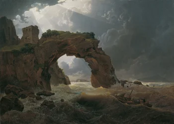 Zee storm bij de Arco di Miseno bij Miliscola met uitzicht op Nisida