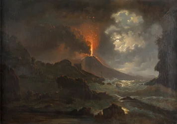 Uitbarsting van de Vesuvius bij nacht met uitzicht op de Scuola di Virgilio