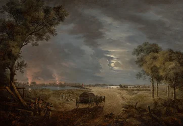 Gezicht op de oversteekbrug van het Franse leger naar Lobau (Nachtscène met maanlicht)