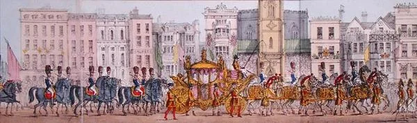 Panoramische weergave van de koninklijke vooruitgang van koningin Victoria door de stad Londen op 9 november 1837 (detail)