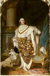 Portret van de koning van Frankrijk Lodewijk XVI in kroningskostuum (1754-1793) Hij draagt de ketting van de Orde van de Heilige Geest - Schilderij uit het Atelier van Joseph Siffred Duplessis (1725-1802)