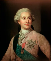 Portret van de koning van Frankrijk Lodewijk XVI (1754-1793) met de insignes van de Orde van het Gulden Vlies. Schilderij van Joseph Siffred Duplessis (1725-1802) (Joseph-Siffred, Joseph Siffrede, Joseph-Siffrede, Joseph Siffrein, Joseph-Siffrein), 18e