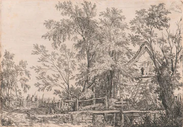 Vervallen huisje in landschap met figuren