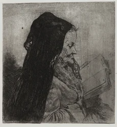 Oude vrouw die leest, gedrukt door Sigmund Abeles en Edmond Casarella