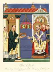 Abt Elfnoth presenteert een boek aan St. Augustinus (gravure)