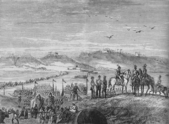Het Britse leger steekt de Sutlej over, c1880