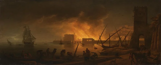 Brand in een zeehaven bij nacht, 1748
