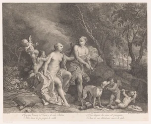Venus en Adonis als geliefden met vier putti