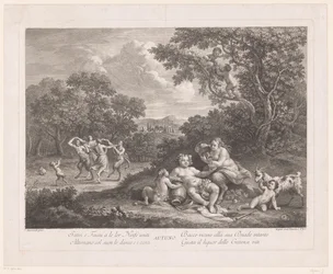 Landschap met Bacchus en dansende saters en maenaden