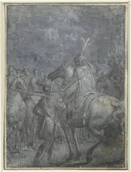 Legeraanvoerder te paard met andere ruiters, Groep gelijksoortige illustraties met ridders en ruiters (series title)