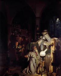 Alchemist die probeert de filosofische steen te ontdekken