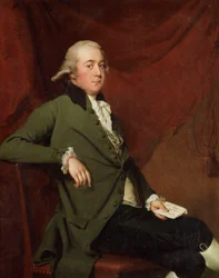 Portret van Edward Abney, zittend driekwart lengte, in een groene jas, een brief vasthoudend tegen een rode gordijn, laat 1780s