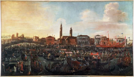 Feest van de fresco op de dag van de Hemelvaart in Murano, Venetië. Abdij van San Cipriano rechts en kerk Santo Stefano in het midden, vandaag verdwenen.