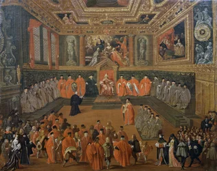 Hoorzitting van de Doge in de Raadzaal van het Dogepaleis, Venetië, schilderij door Joseph Heintz de Jongere