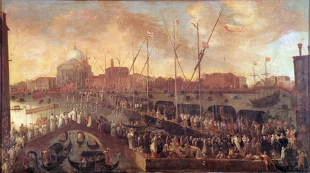 Processie op de dag van het Feest van de Verlosser Een tijdelijke brug wordt gebouwd naar de Kerk van de Verlosser van Venetië om de slachtoffers van de Grote Pest van 1575-1576 te herdenken - Schilderij door Joseph Heintz de Jongere (1600-1678) 17e eeuw -