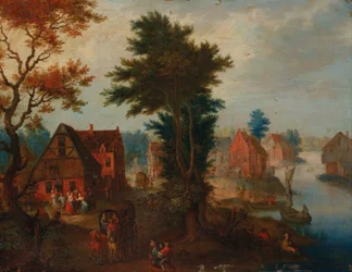 Een rivierlandschap met boten en koetsen bij een dorp